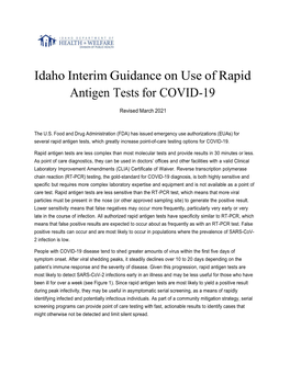 Idaho Interim Guidance on Use of Rapid Antigen Tests for COVID-19