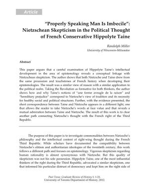“Properly Speaking Man Is Imbecile”: Nietzschean Skepticism in the Political Thought of French Conservative Hippolyte Taine