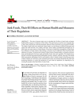 Junk Foods, Their Ill Effects on Human Health and Measures of Their Regulation