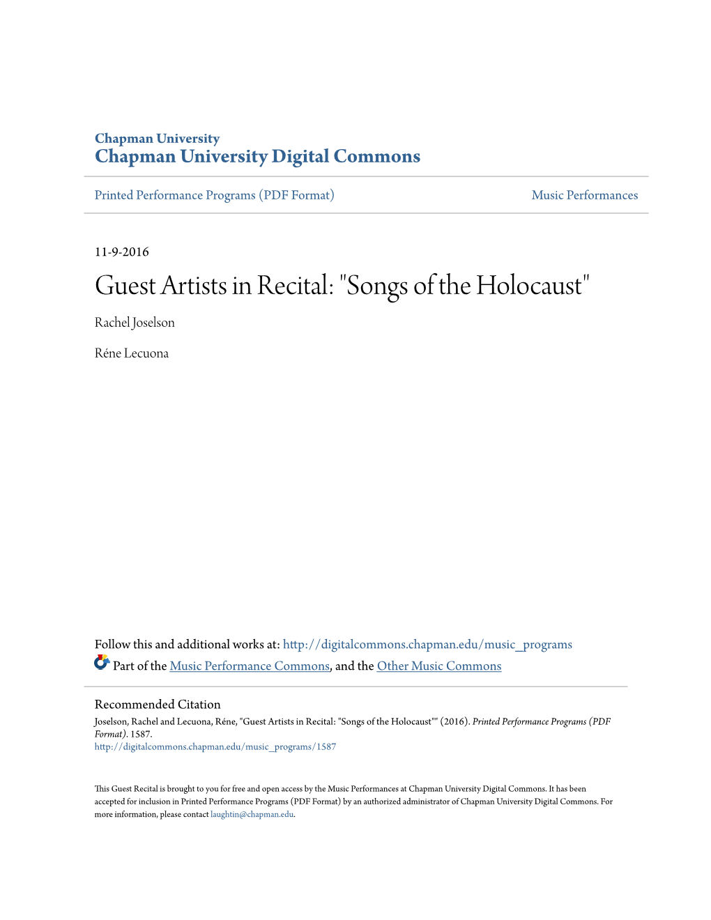 Songs of the Holocaust" Rachel Joselson