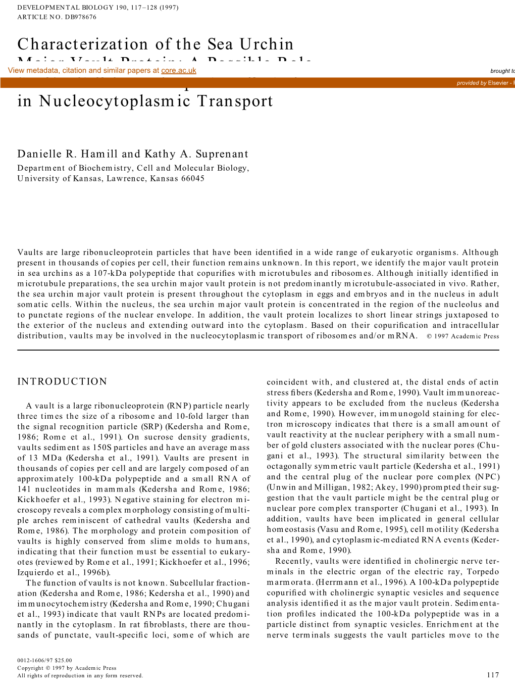 Characterization of the Sea Urchin Major Vault Protein (SU-MVP)