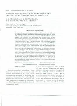 Possible Role of Histamine Receptors in the Central Regulation of Immune Responses