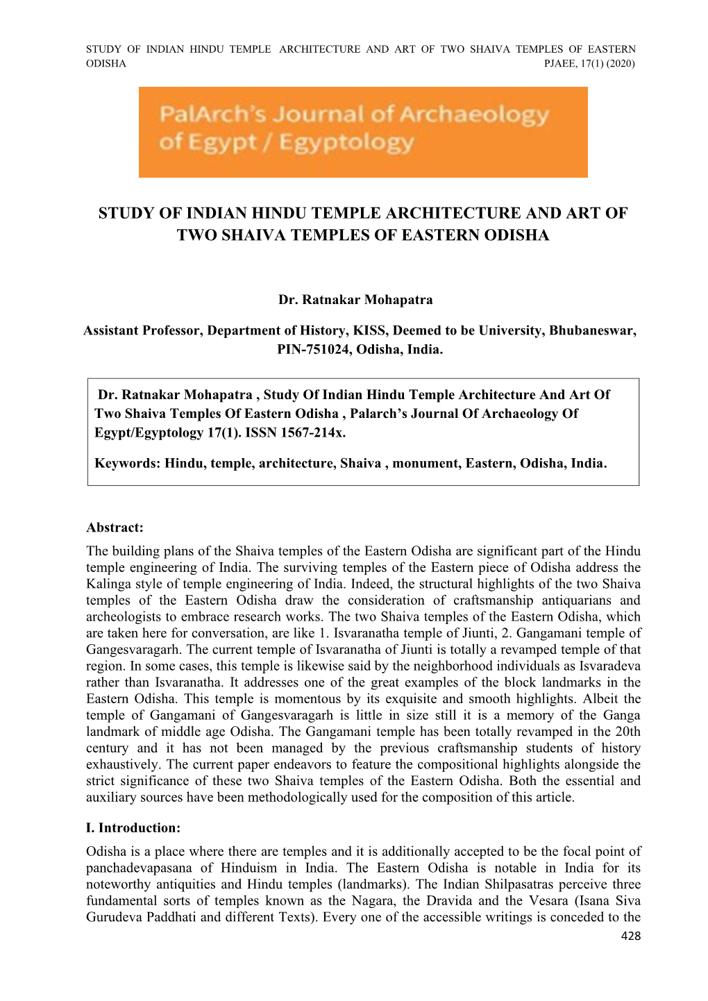 Study of Indian Hindu Temple Architecture and Art of Two Shaiva Temples of Eastern Odisha Pjaee, 17(1) (2020)