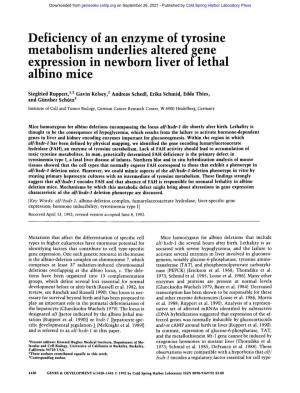 Deficiency of an Enzyme of Tyrosine Metabolism Underlies Altered Gene Exp.Resslo.N" M" N,Ewborn Liver of Lethal Albino Mice