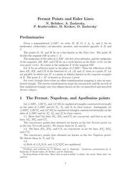 Fermat Points and Euler Lines Preliminaries 1 the Fermat