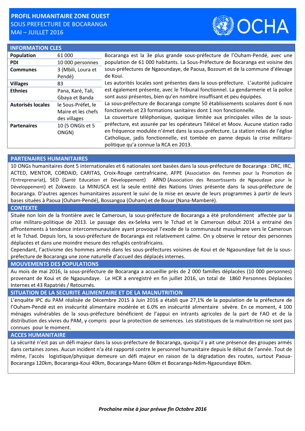 Profil Humanitaire Zone Ouest Sous Prefecture De Bocaranga Mai – Juillet 2016