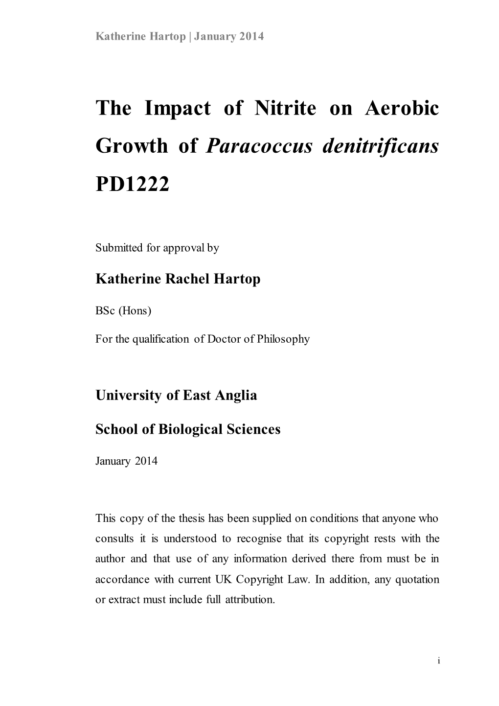 The Impact of Nitrite on Aerobic Growth of Paracoccus Denitrificans PD1222