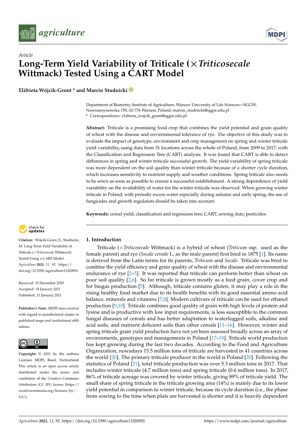 Long-Term Yield Variability of Triticale (Triticosecale Wittmack)