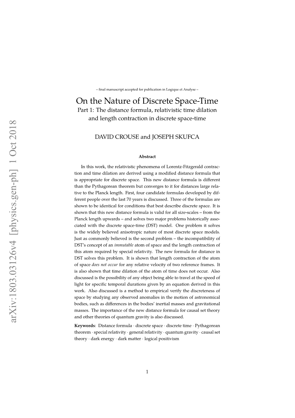 On the Nature of Discrete Space-Time: Part 1: the Distance