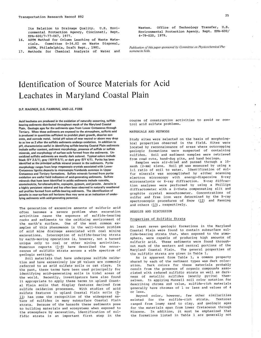 Identifrcation of Source Materials for Acid Leachates in Maryland Coastal Plain