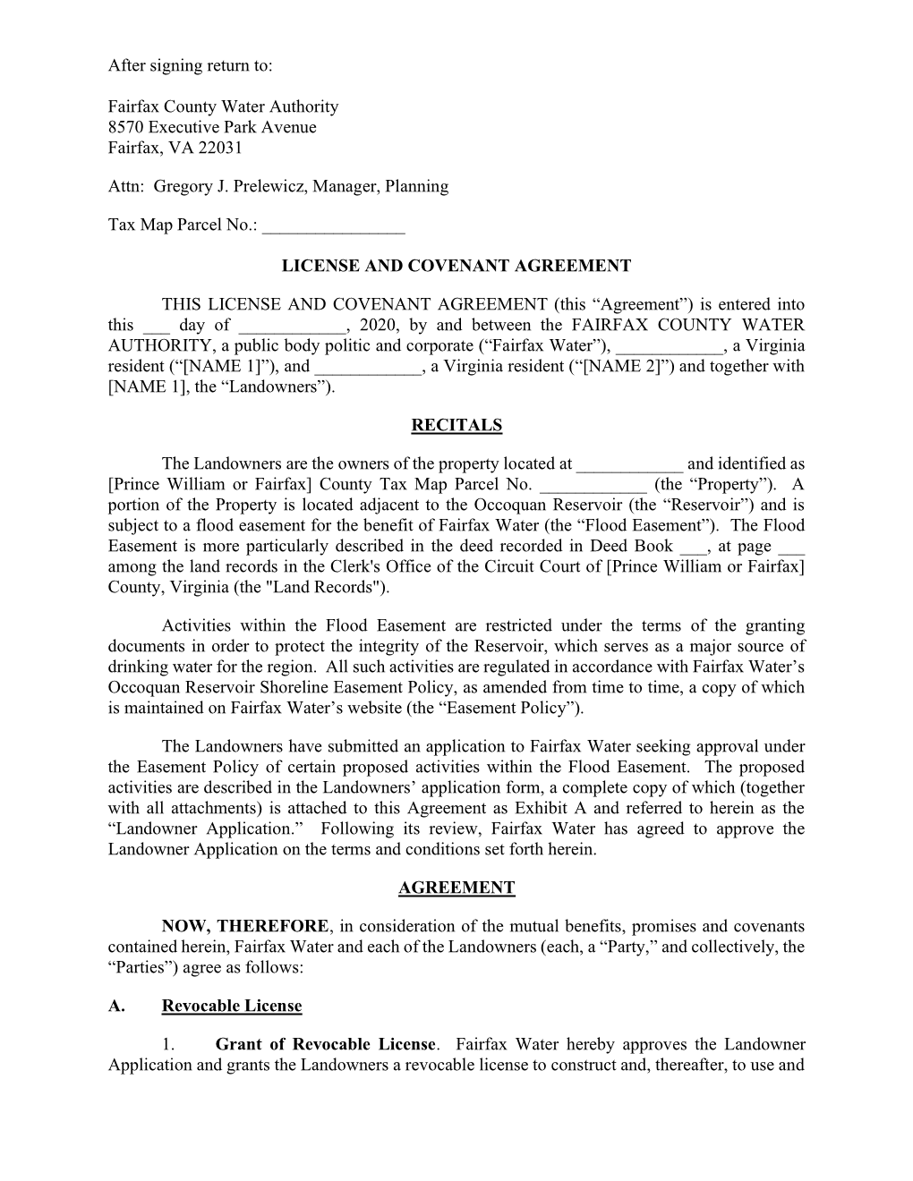 Occoquan Reservoir License and Covenant Agreement-Private Owner