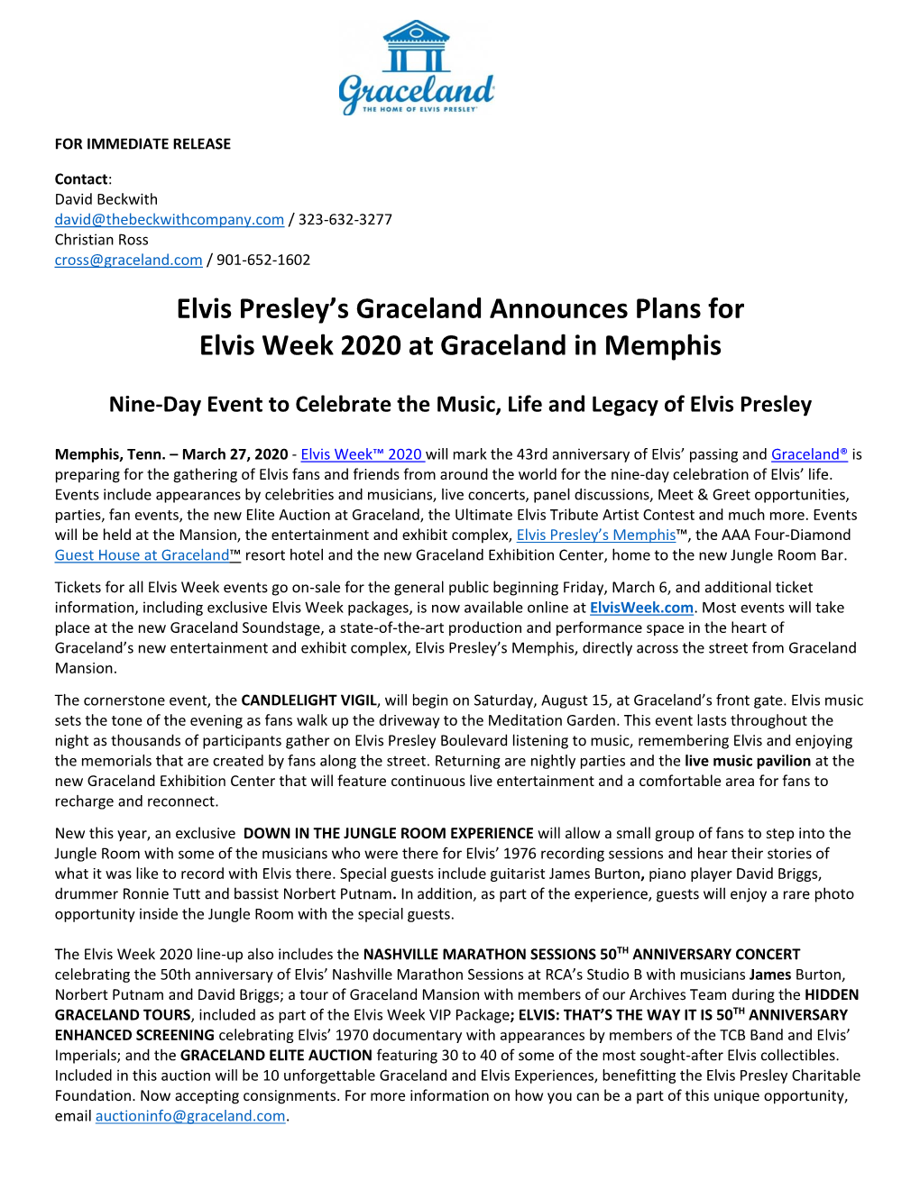 Elvis Presley's Graceland Announces Plans for Elvis Week 2020 At