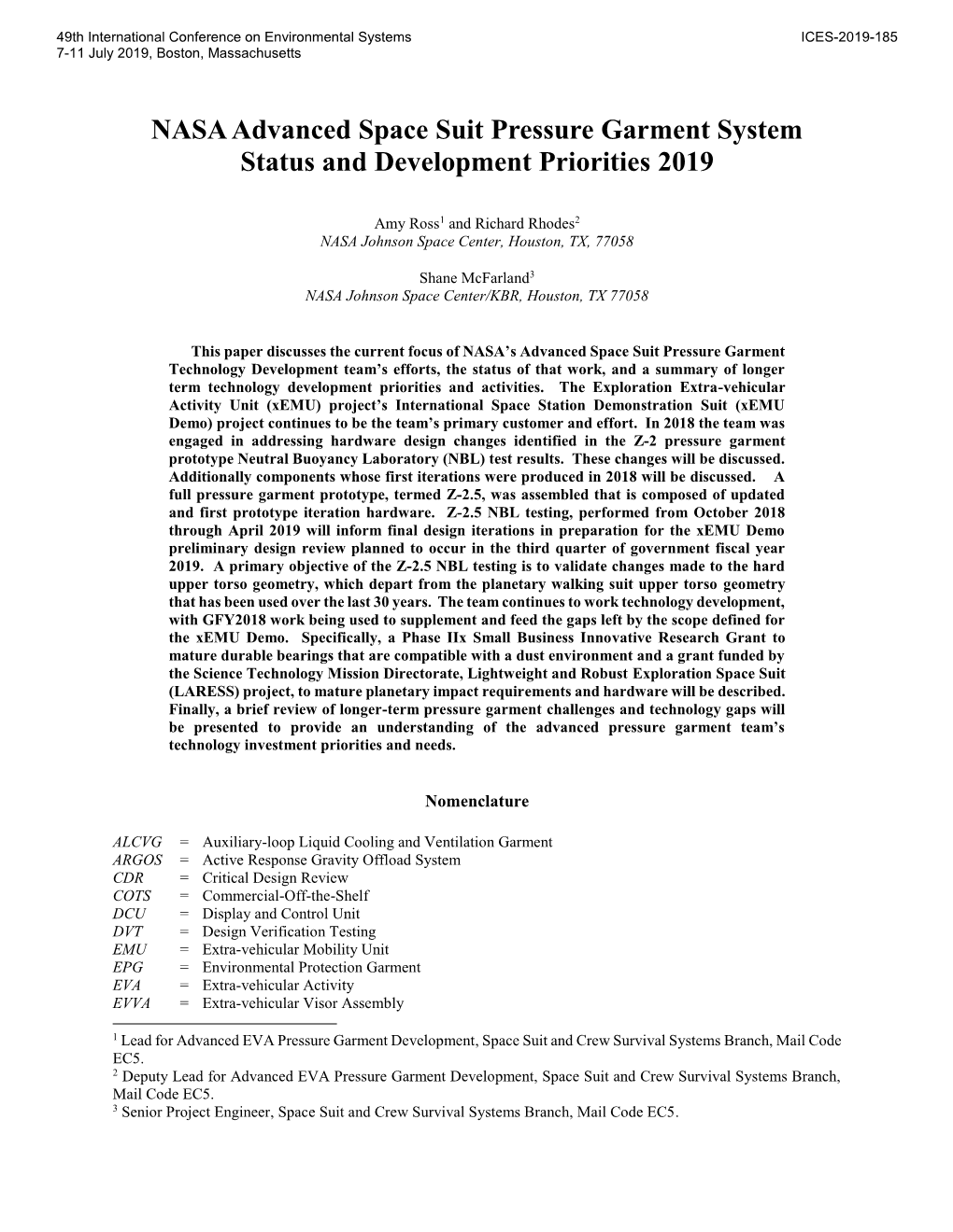 NASA Advanced Space Suit Pressure Garment System Status and Development Priorities 2019