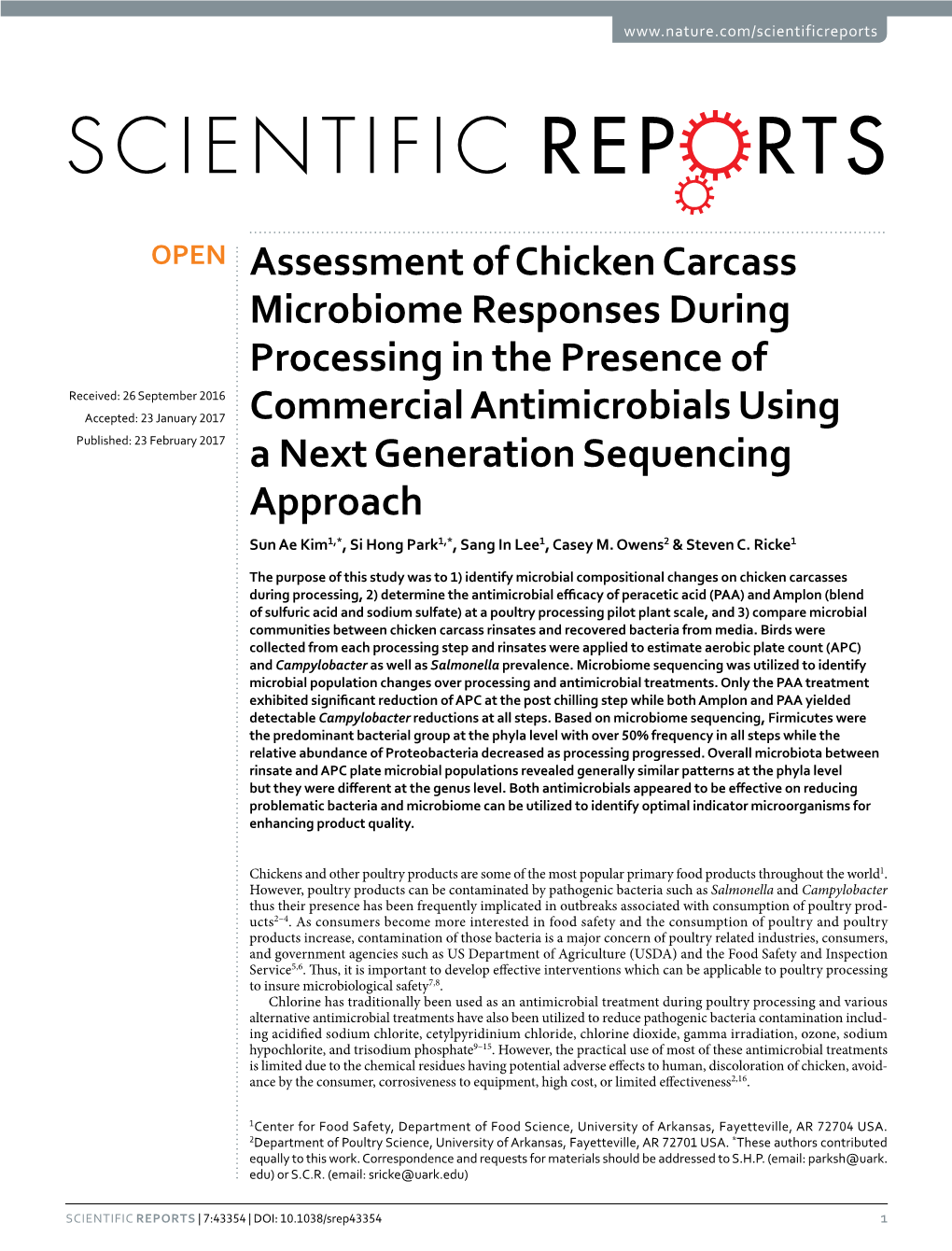 Assessment of Chicken Carcass Microbiome Responses During