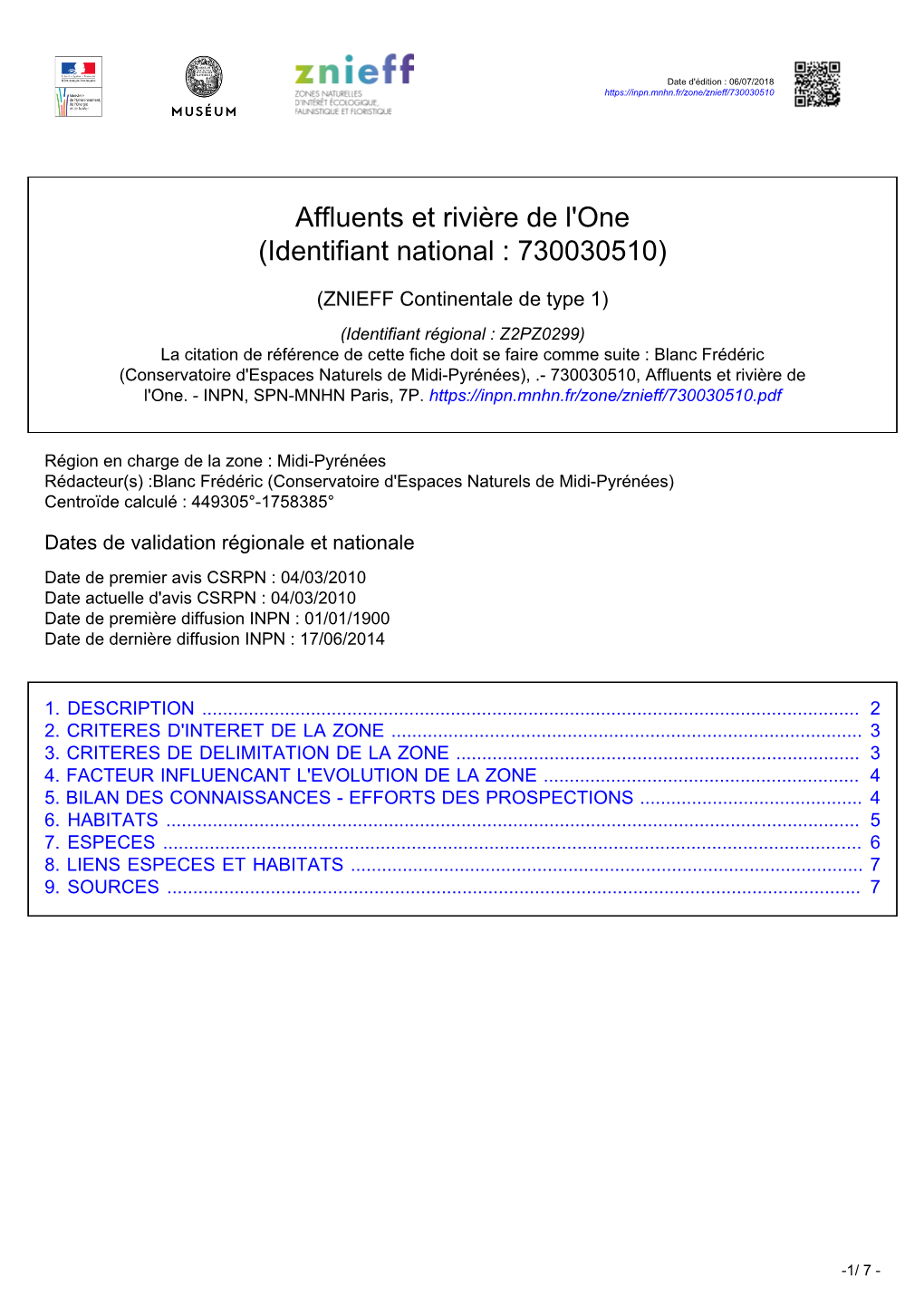 Affluents Et Rivière De L'one (Identifiant National : 730030510)