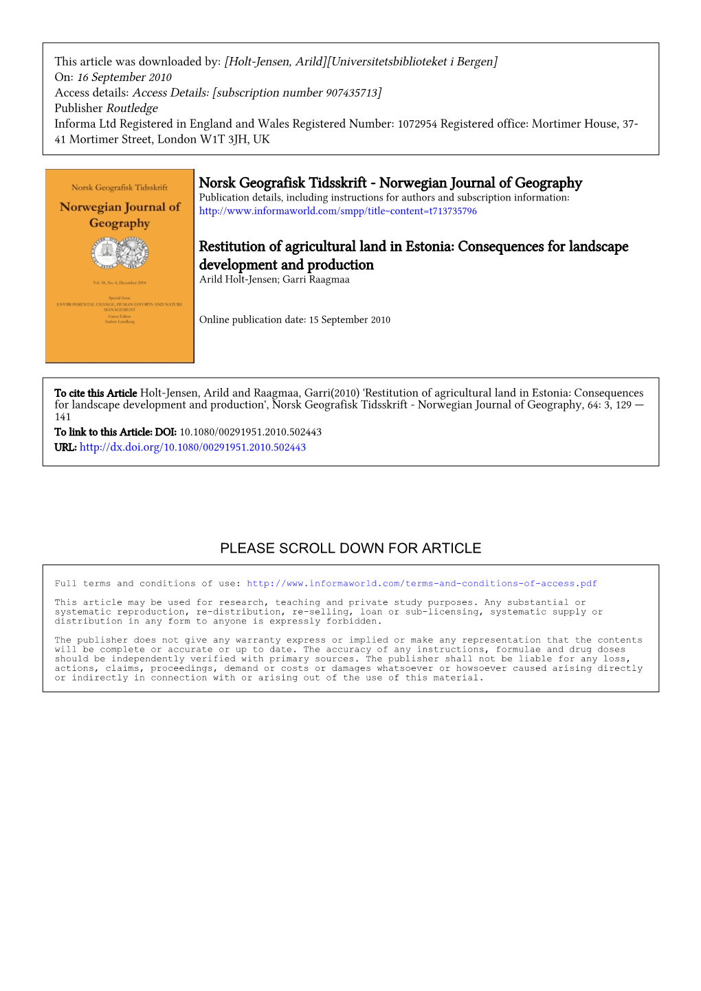 Norwegian Journal of Geography Restitution of Agricultural Land In