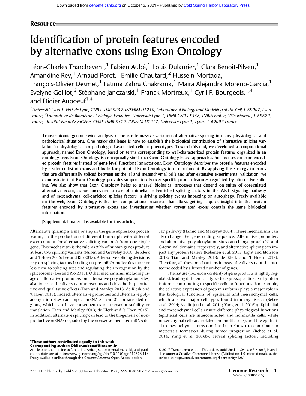 Identification of Protein Features Encoded by Alternative Exons Using Exon Ontology