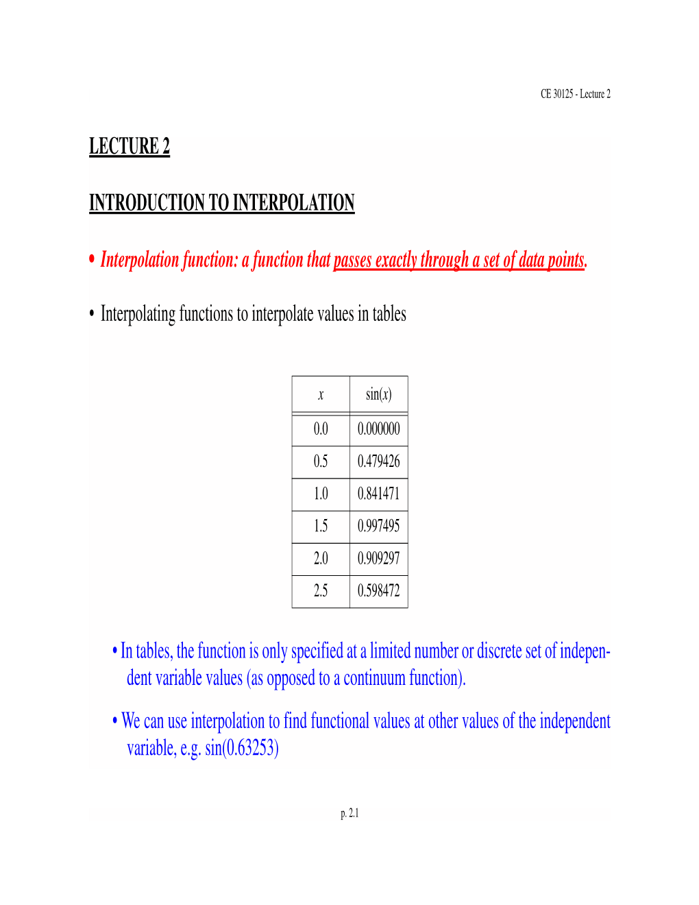 LECTURE 2 INTRODUCTION to INTERPOLATION • Interpolation