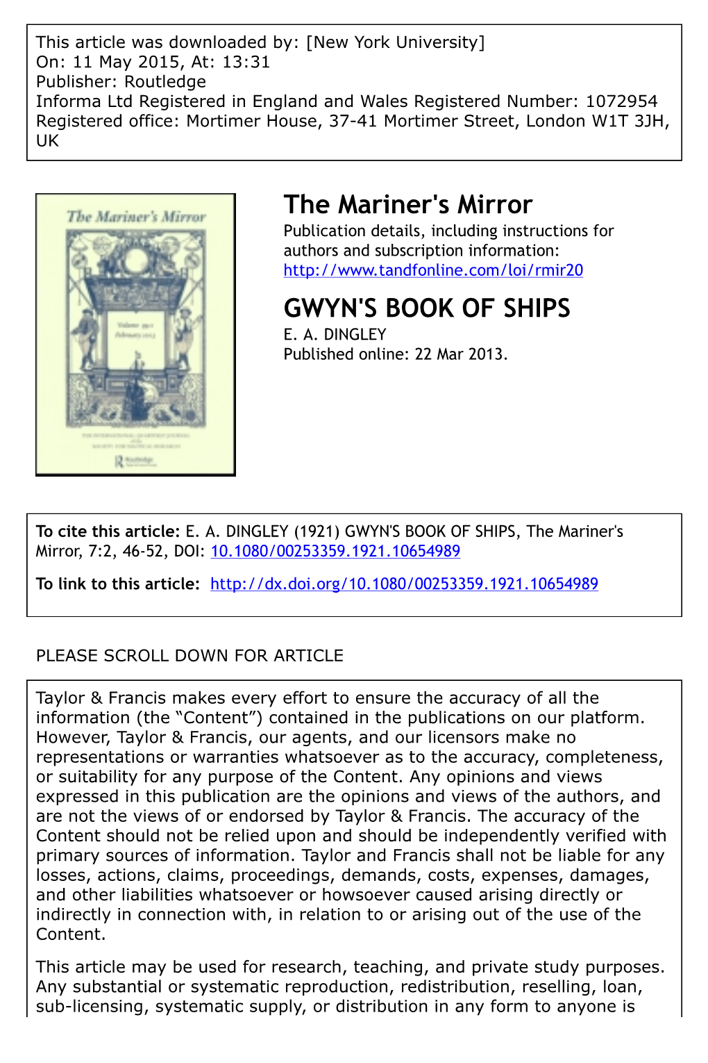 The Mariner's Mirror GWYN's BOOK of SHIPS