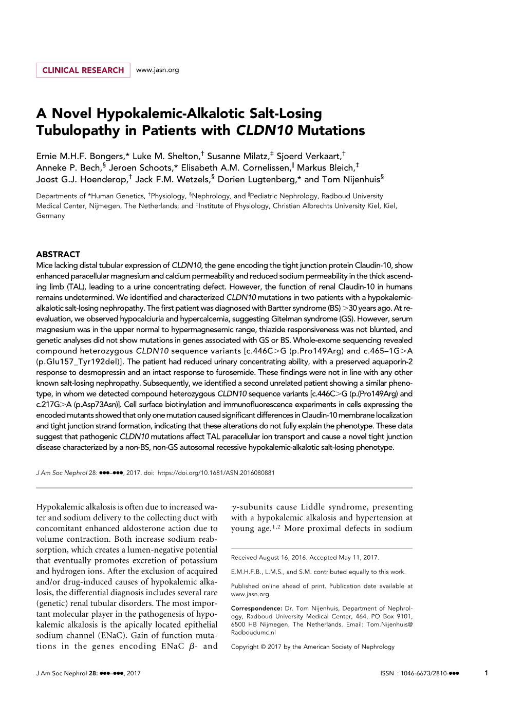 A Novel Hypokalemic-Alkalotic Salt-Losing Tubulopathy in Patients with CLDN10 Mutations