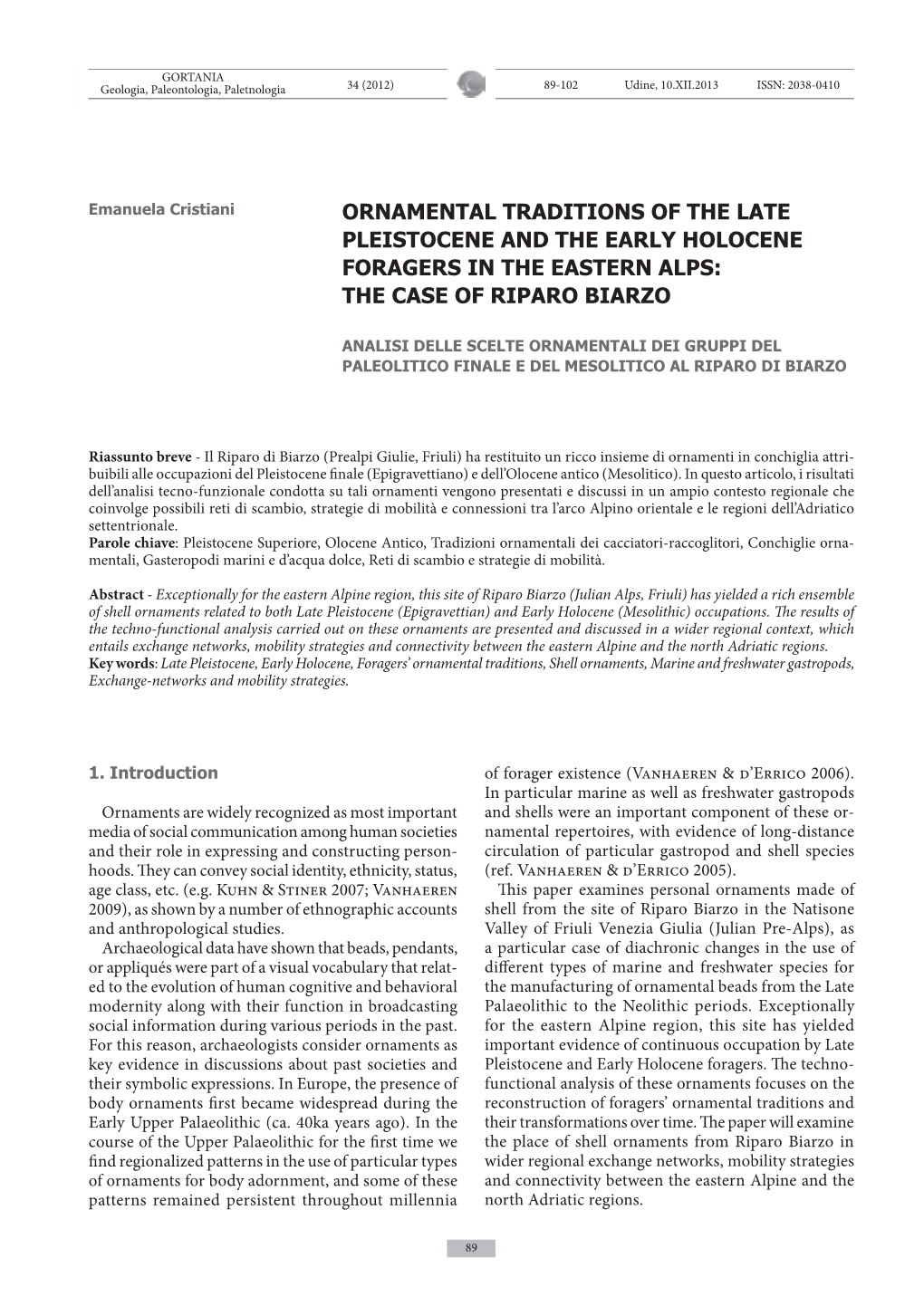 Ornamental Traditions of the Late Pleistocene and the Early Holocene Foragers in the Eastern Alps: the Case of Riparo Biarzo