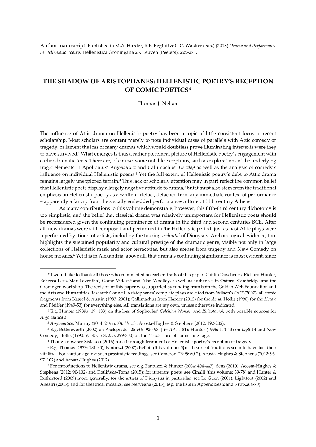 The Shadow of Aristophanes: Hellenistic Poetry’S Reception of Comic Poetics*