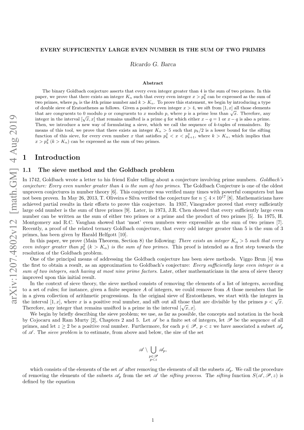 Every Sufficiently Large Even Number Is the Sum of Two Primes