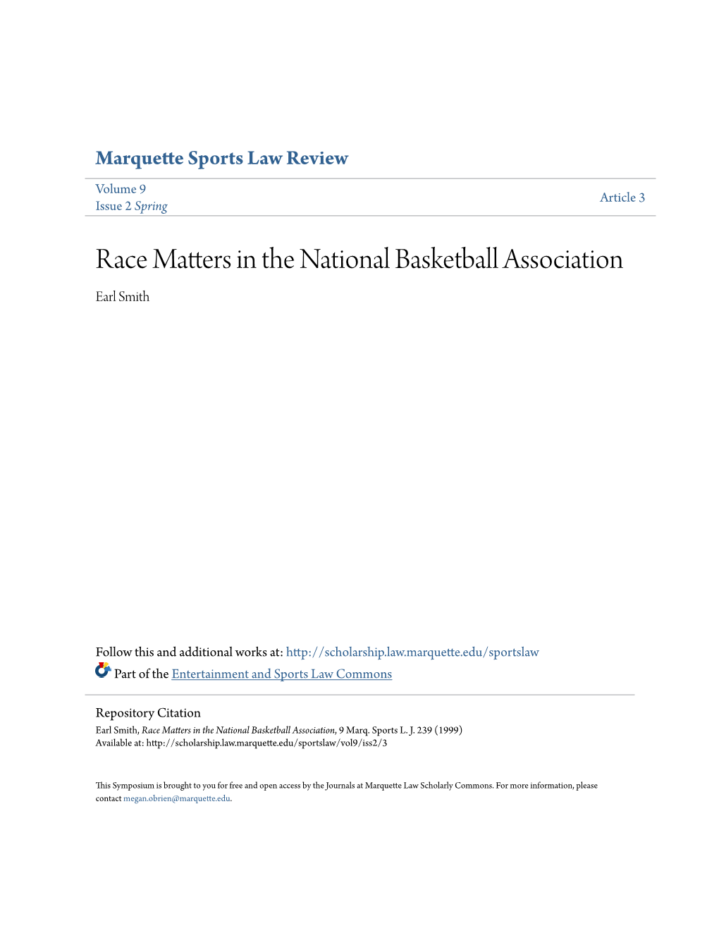 Race Matters in the National Basketball Association Earl Smith