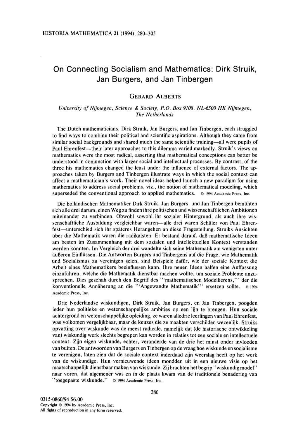 On Connecting Socialism and Mathematics: Dirk Struik, Jan Burgers, and Jan Tinbergen
