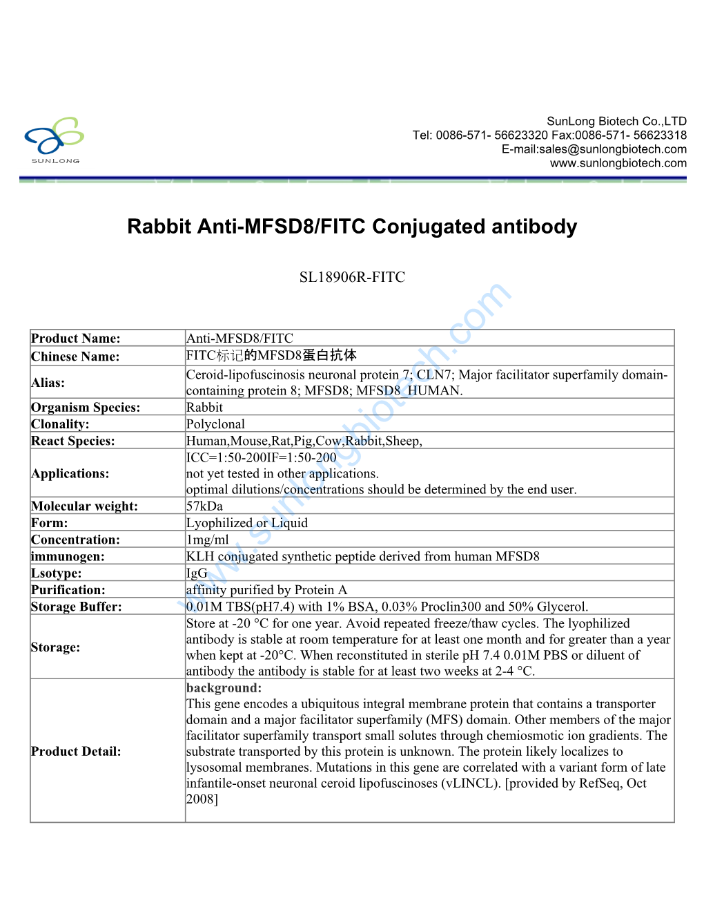 Rabbit Anti-MFSD8/FITC Conjugated Antibody-SL18906R-FITC