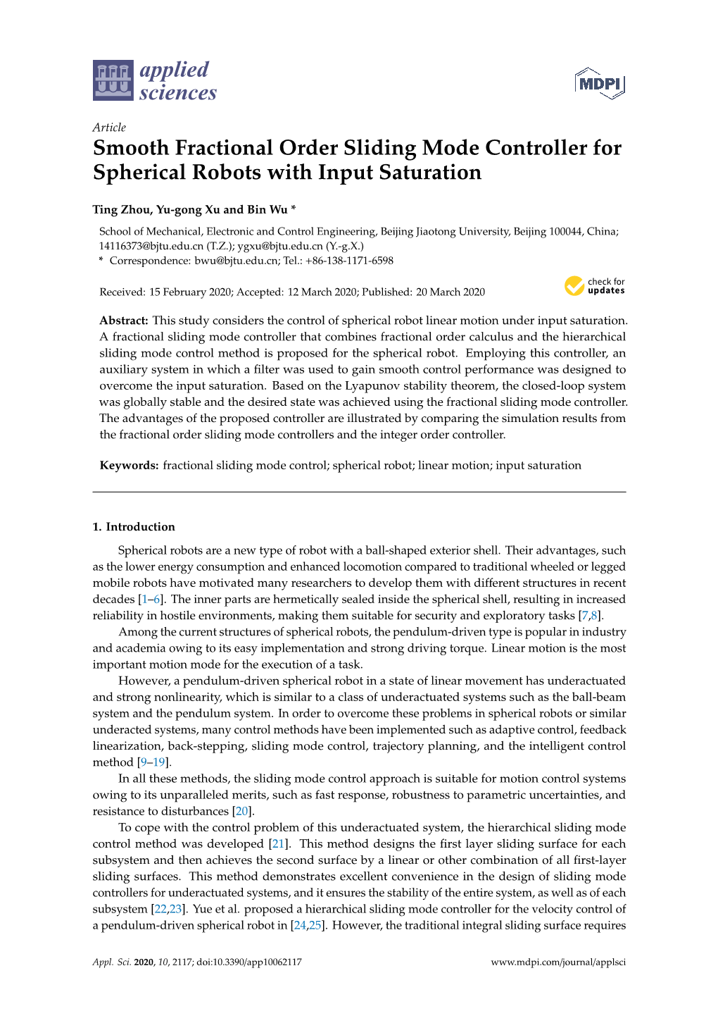 Smooth Fractional Order Sliding Mode Controller for Spherical Robots with Input Saturation