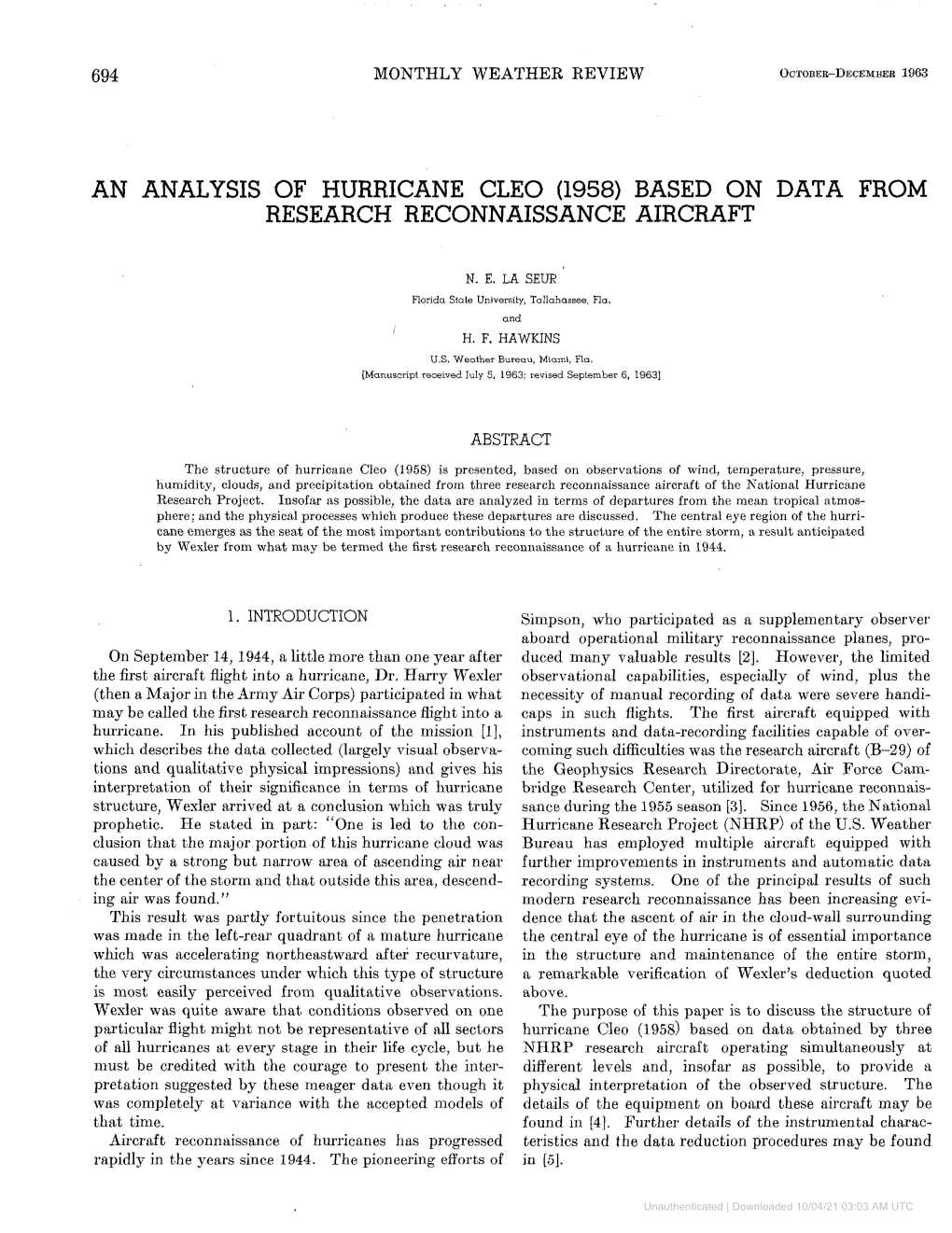 An Analysis of Hurricane Cleo (1958) Based on Data from Research Reconnaissance Aircraft