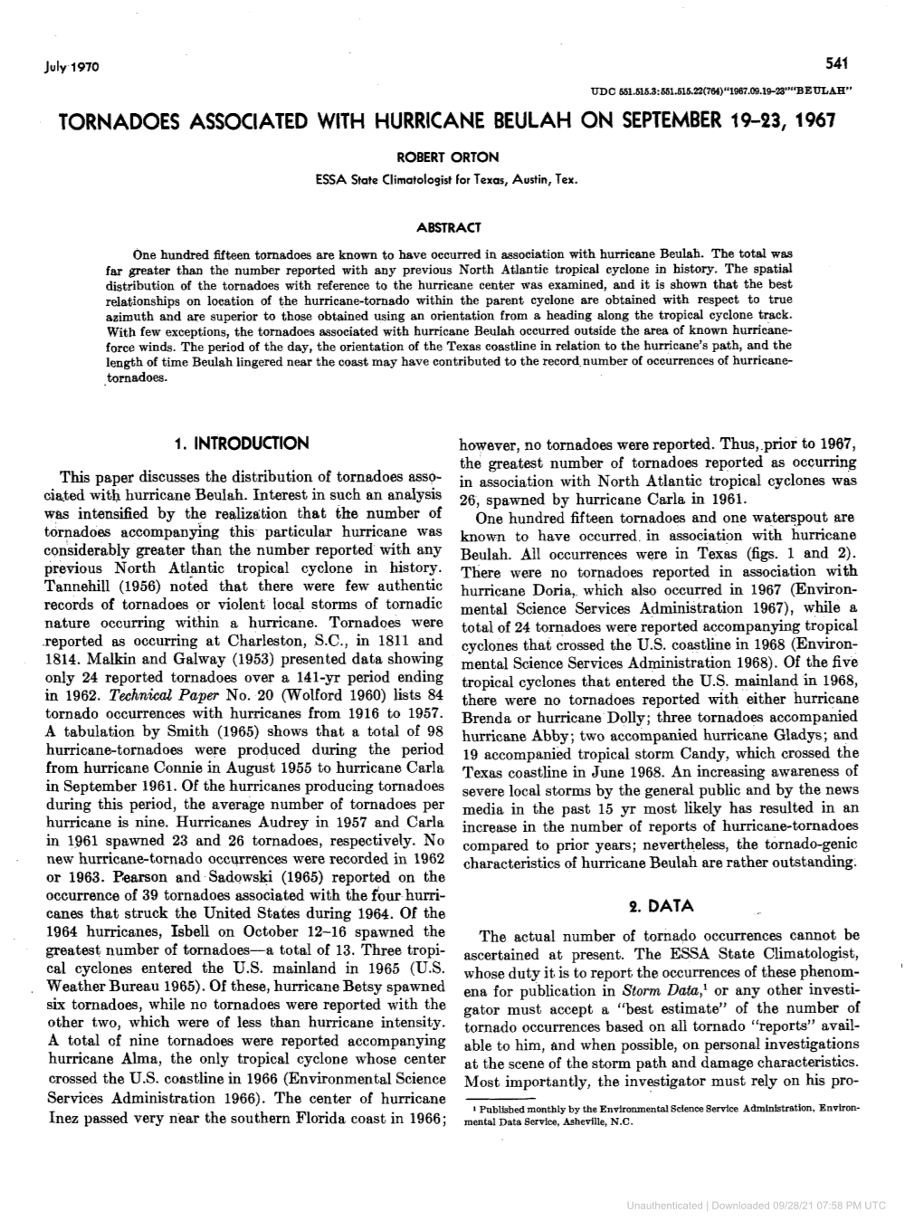 Tornadoes Associated with Hurricane Beulah on September 19-23, 1967