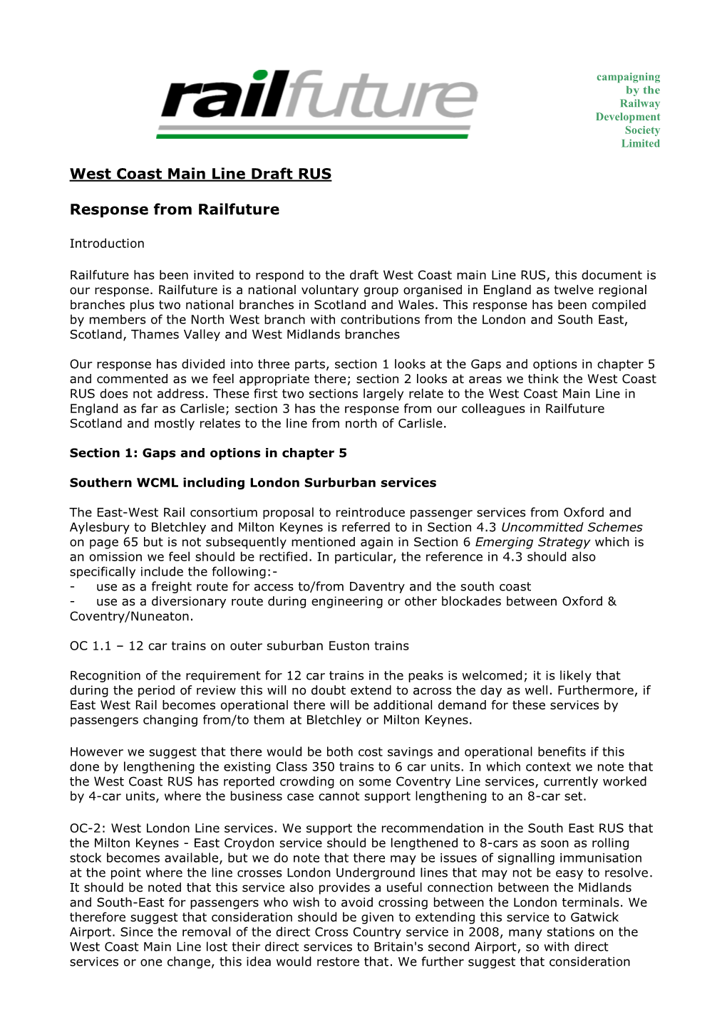 West Coast Main Line Draft RUS Response from Railfuture