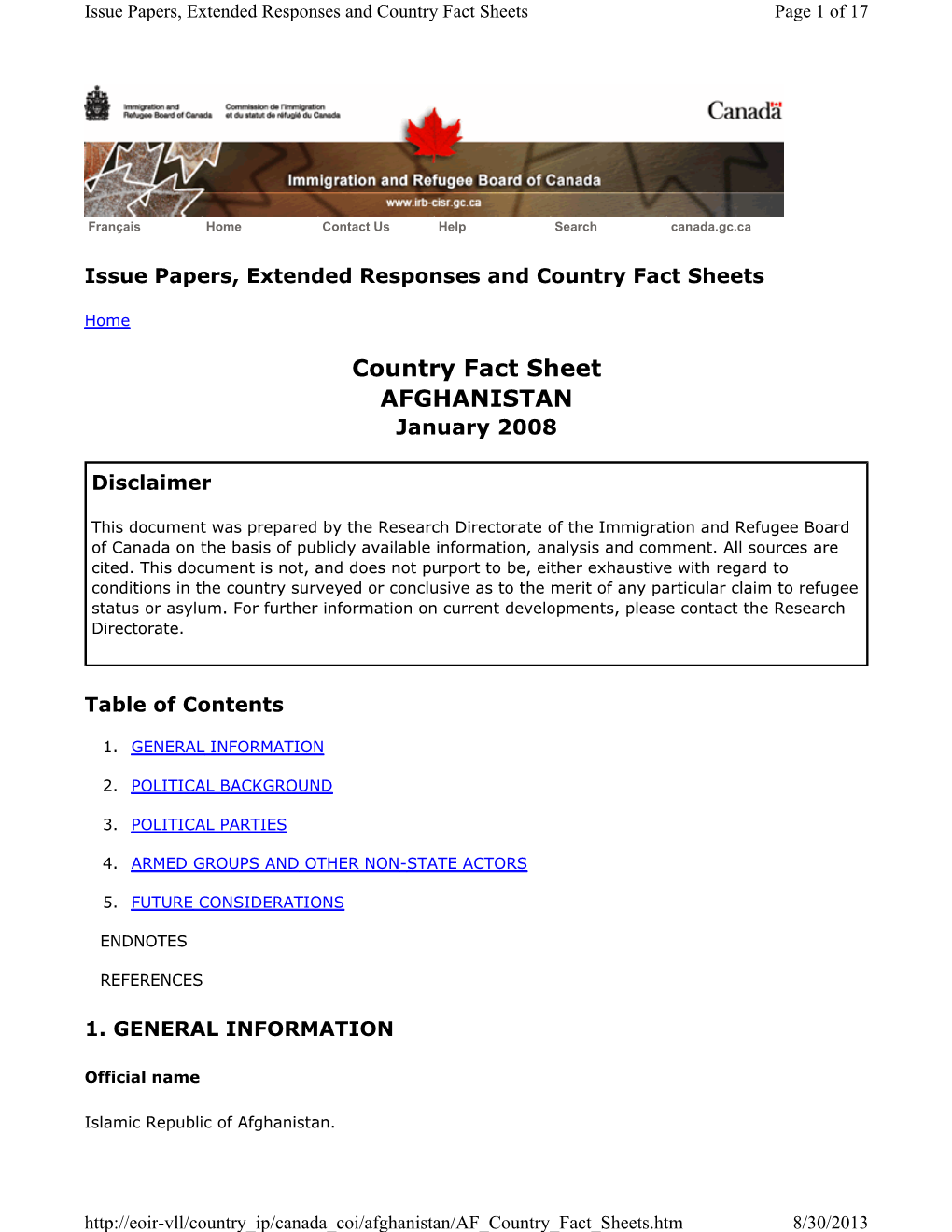 Afghanistan Country Fact Sheet
