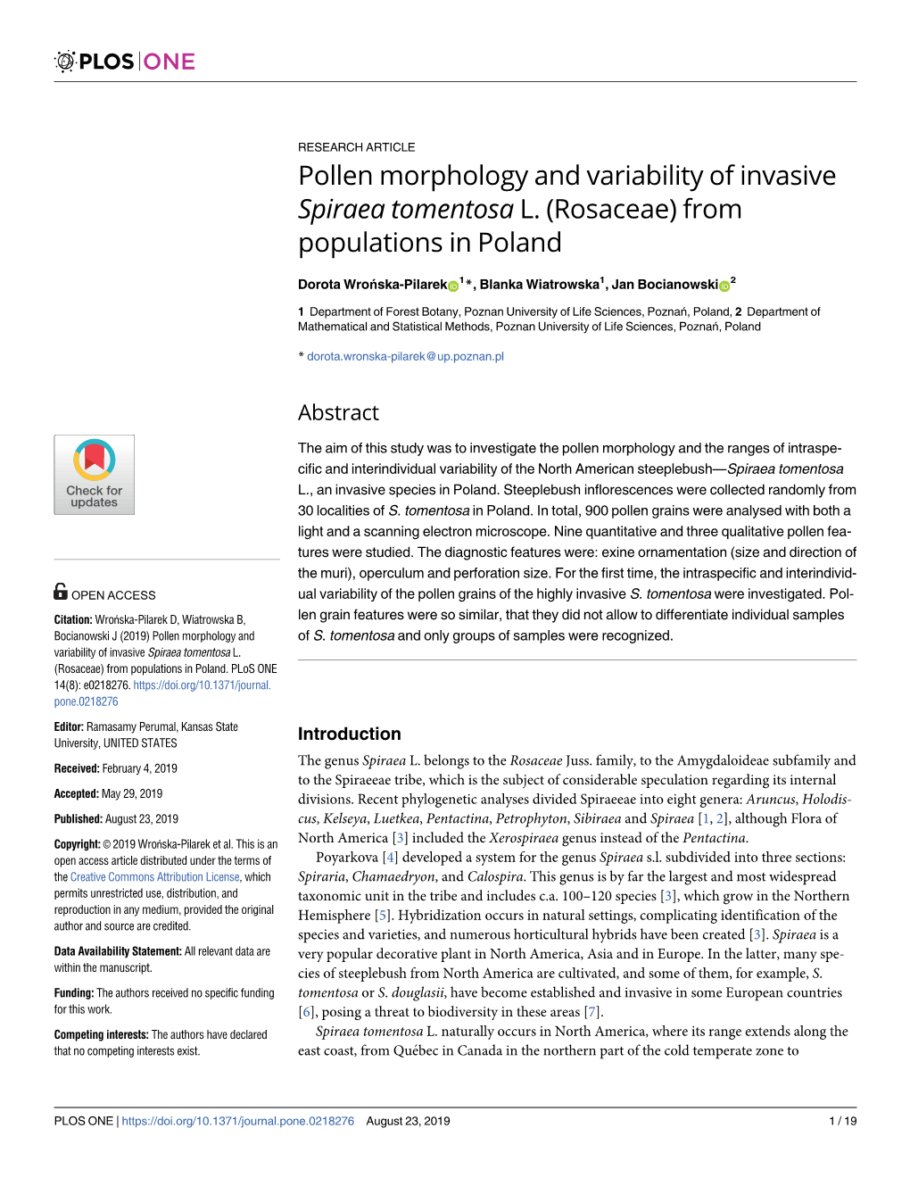 Pollen Morphology and Variability of Invasive Spiraea Tomentosa L. (Rosaceae) from Populations in Poland