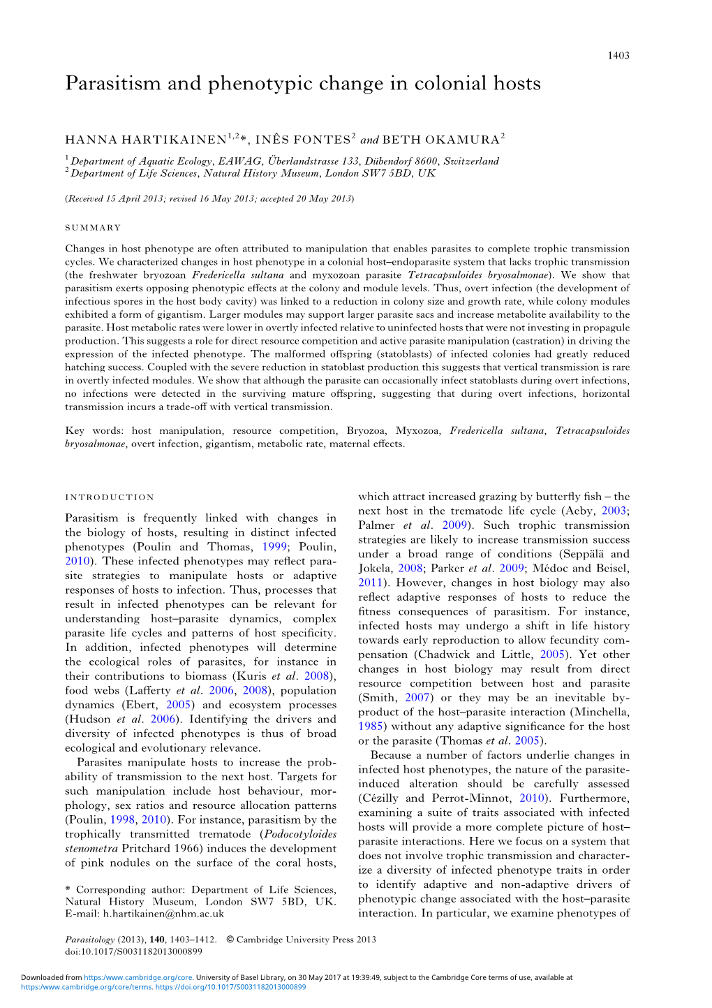 Parasitism and Phenotypic Change in Colonial Hosts