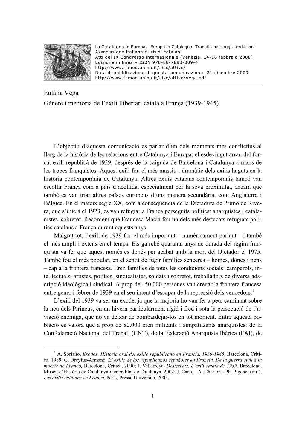 Eulàlia Vega Gènere I Memòria De L'exili Llibertari Català a França