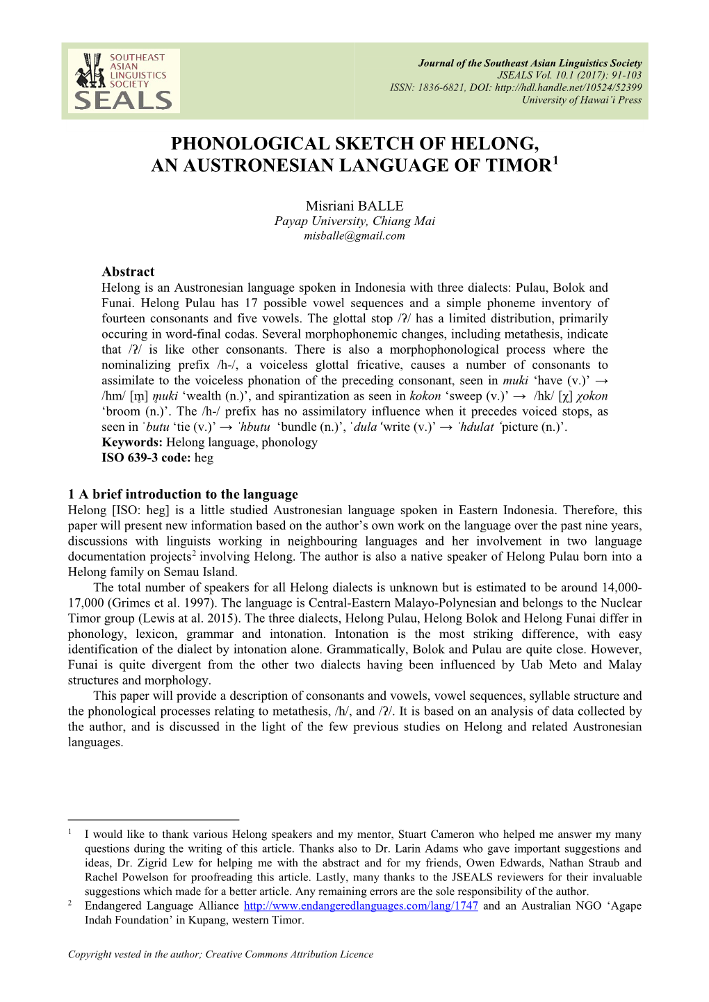 Phonological Sketch of Helong, an Austronesian Language of Timor1