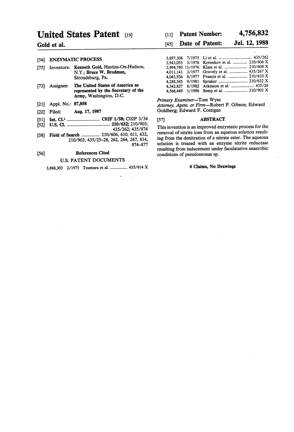 United States Patent (19) 11 Patent Number: 4,756,832 Gold Et Al