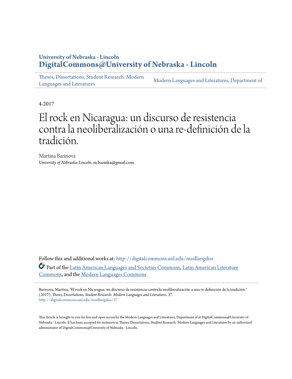 El Rock En Nicaragua: Un Discurso De Resistencia Contra La Neoliberalización O Una Re-Definición De La Tradición