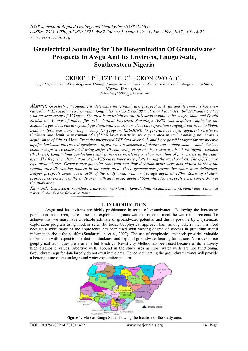 Geoelectrical Sounding for the Determination of Groundwater Prospects in Awgu and Its Environs, Enugu State, Southeastern Nigeria