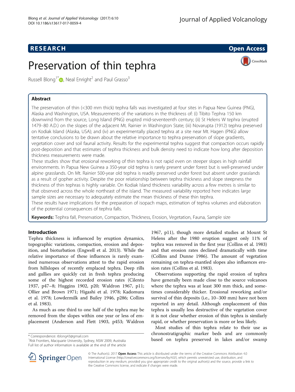 Preservation of Thin Tephra Russell Blong1* , Neal Enright2 and Paul Grasso3