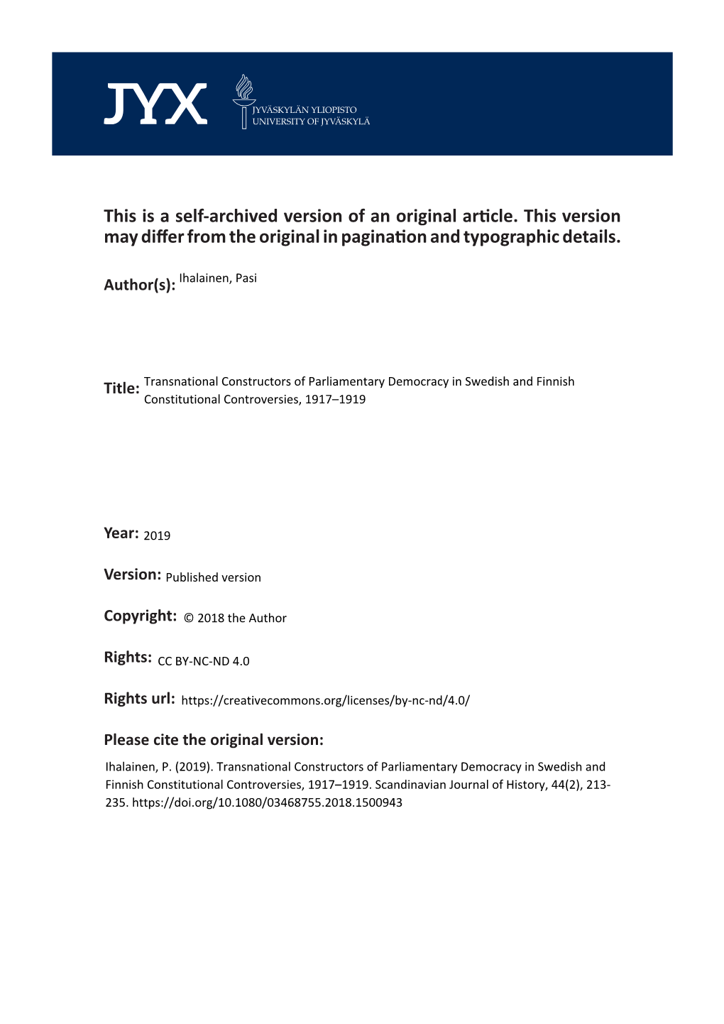 Transnational Constructors of Parliamentary Democracy in Swedish and Finnish Constitutional Controversies, 1917–1919