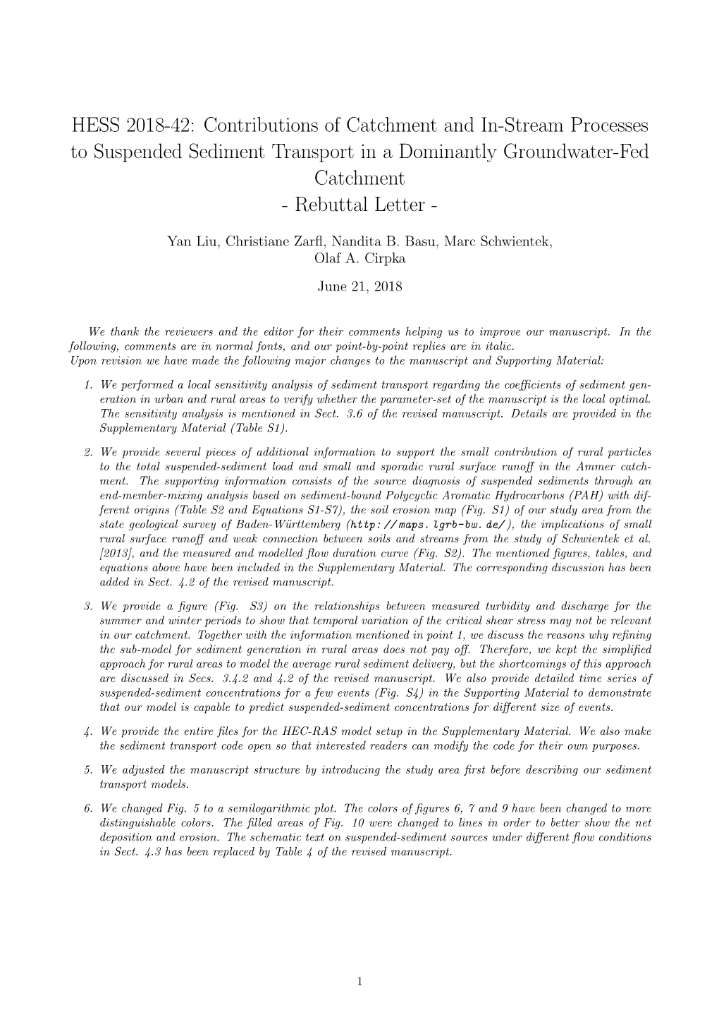 HESS 2018-42: Contributions of Catchment and In-Stream Processes to Suspended Sediment Transport in a Dominantly Groundwater-Fed Catchment - Rebuttal Letter