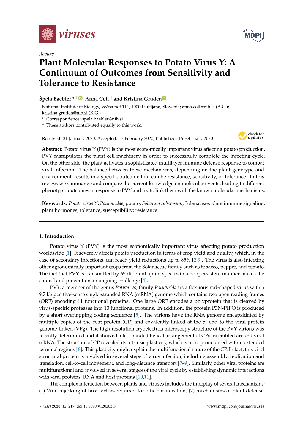 Plant Molecular Responses to Potato Virus Y: a Continuum of Outcomes from Sensitivity and Tolerance to Resistance