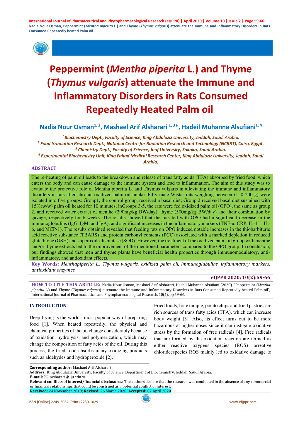 Peppermint (Mentha Piperita L.) and Thyme (Thymus Vulgaris) Attenuate the Immune and Inflammatory Disorders in Rats Consumed Repeatedly Heated Palm Oil