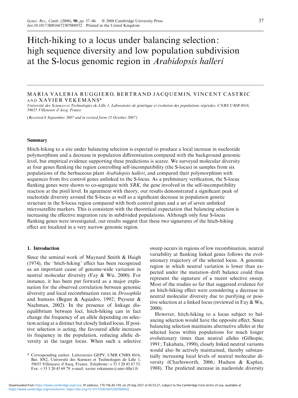 Hitch-Hiking to a Locus Under Balancing Selection: High Sequence Diversity and Low Population Subdivision at the S-Locus Genomic Region in Arabidopsis Halleri