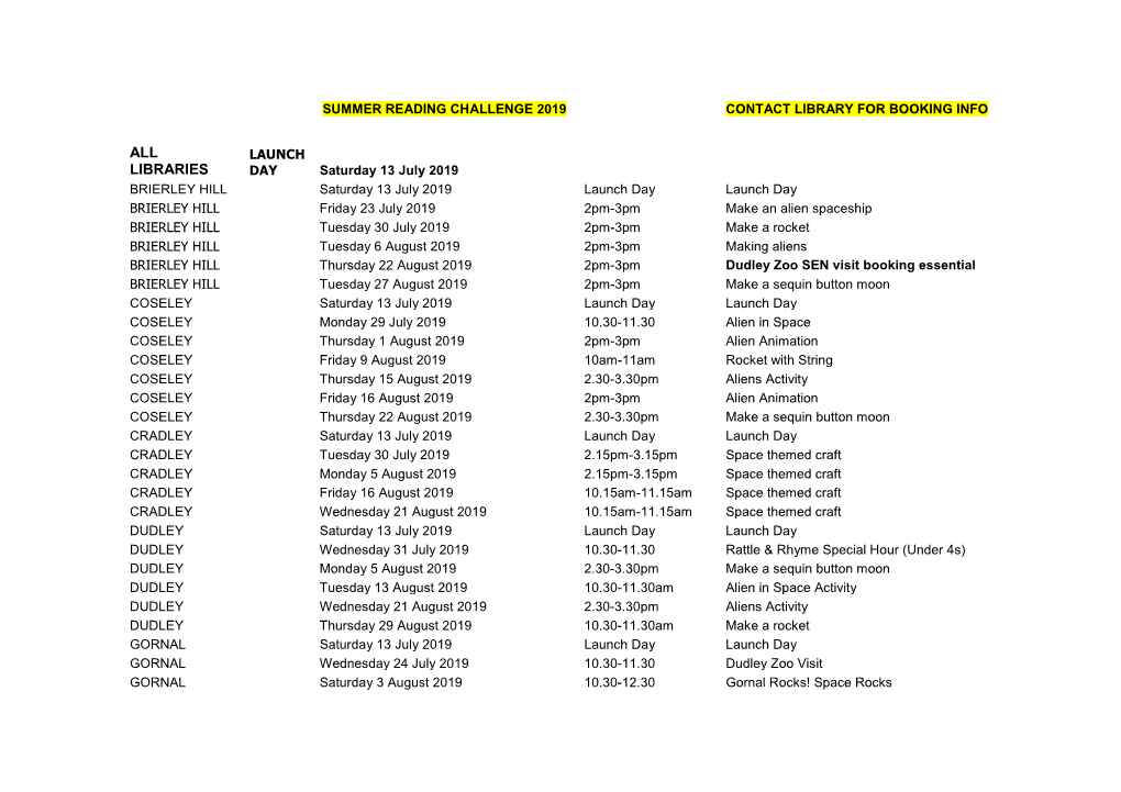 Summer Reading Challenge 2019 List of Library Activities