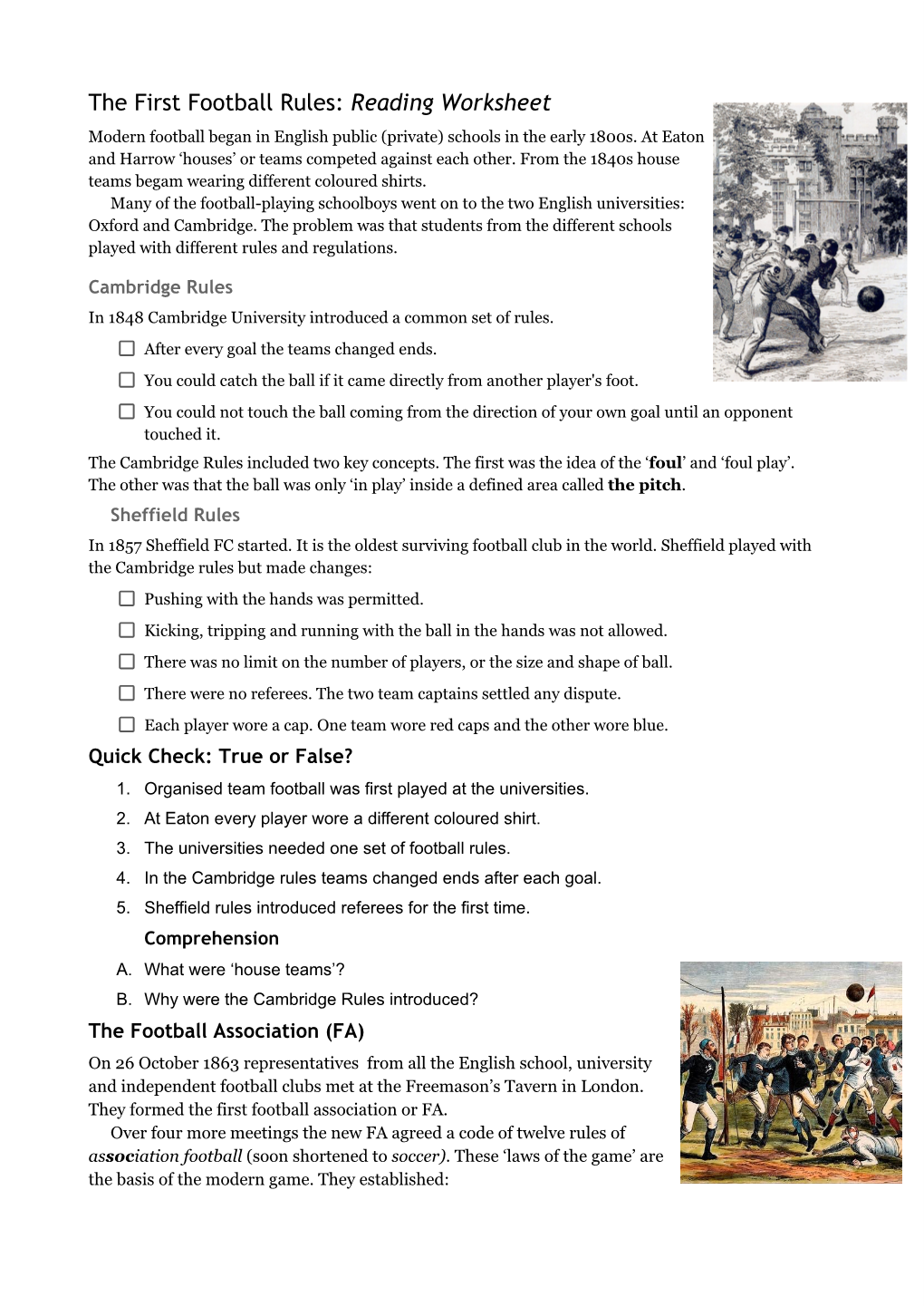 Reading Worksheet: the First Football Rules